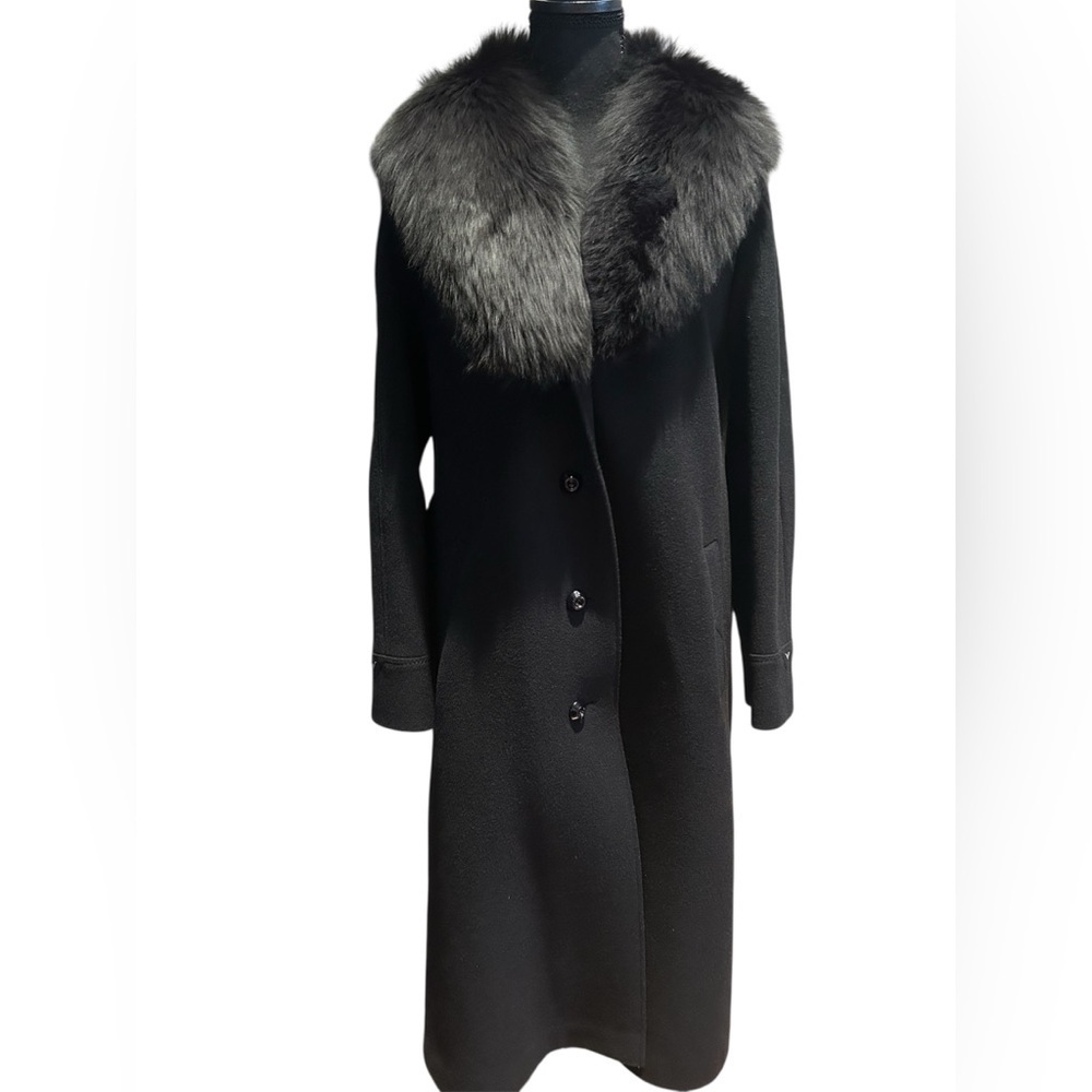 Berghaus Vintage Black Wool Long Coat w/ Fur Collar Women’s XL US 16–18